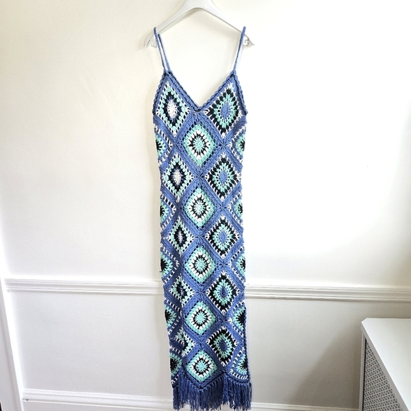 New Elan Aleki Diamond Crochet Blue Multicolor Maxi Dress/Swim Cover-Up Large - Picture 10 of 13